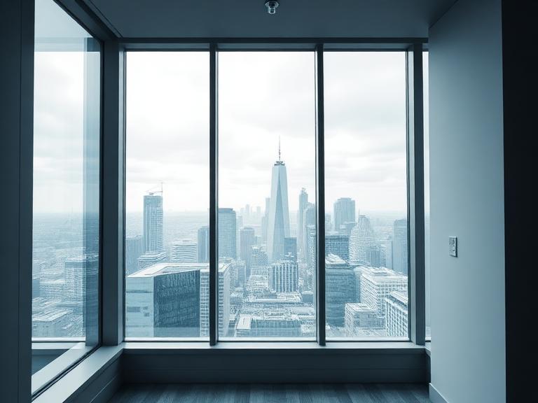 London city skyline viewed from a high-rise office window